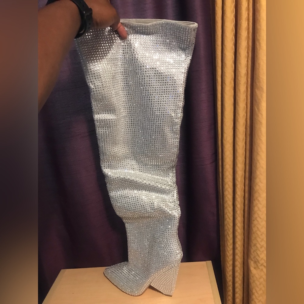 Diamond silver encrusted thigh boots